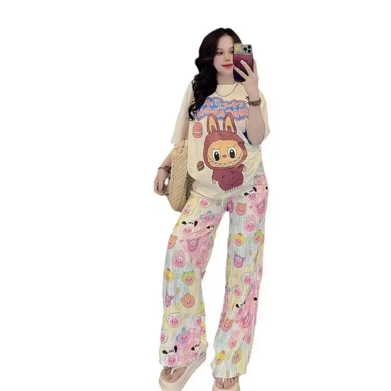 Labubu 2pcs Set Print T-Shirt And Pants Anime Cartoon Short Sleeved Shirt Casual Fashion Kawaii Cute Woman Outdoor Clothing Gift