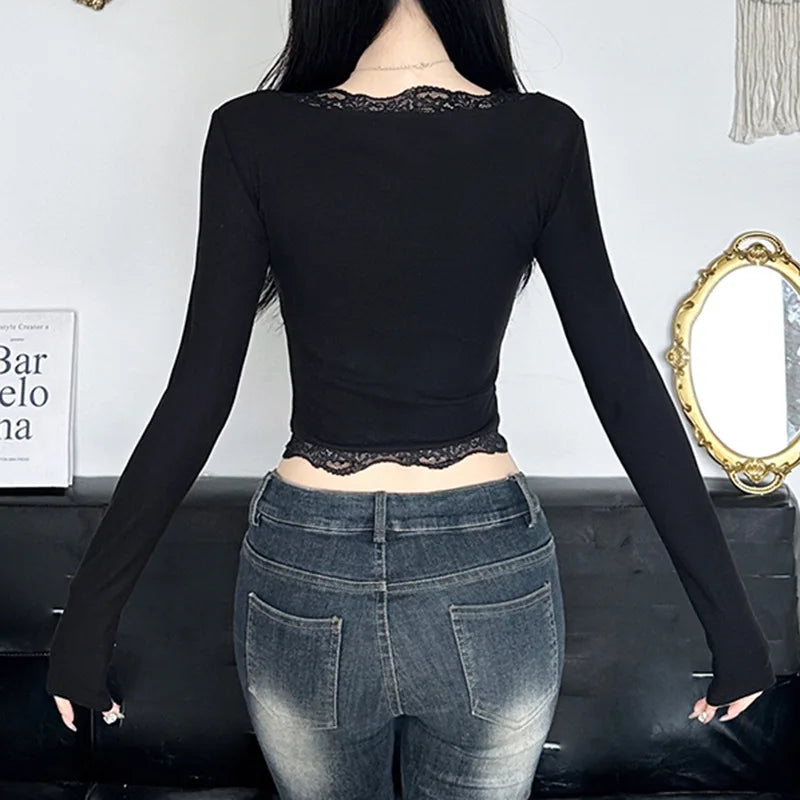 AltGoth Hollow Out Bow Patchwork Crop Tee Top