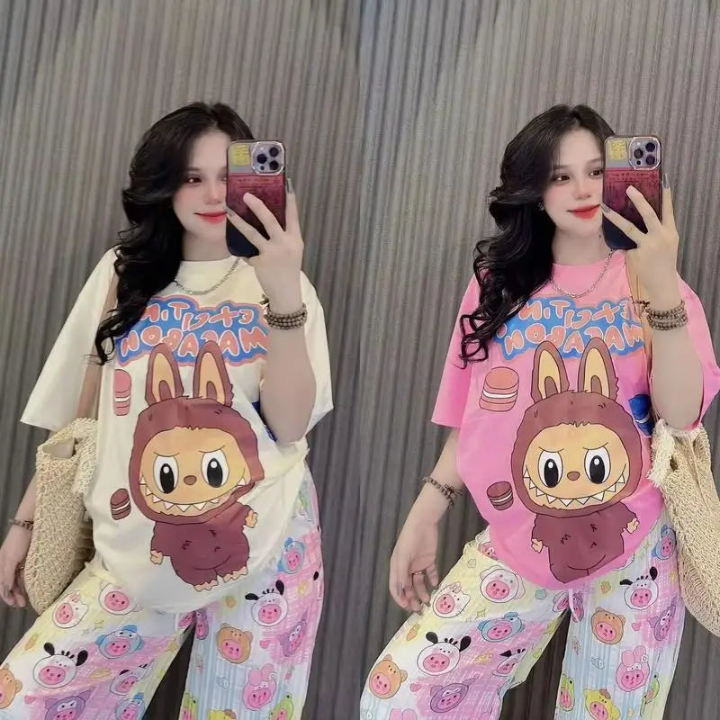 Labubu 2pcs Set Print T-Shirt And Pants Anime Cartoon Short Sleeved Shirt Casual Fashion Kawaii Cute Woman Outdoor Clothing Gift