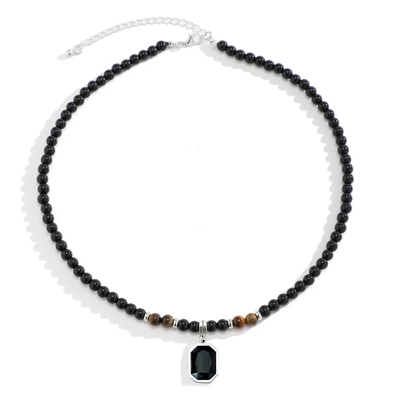 Black Beads with Square Pendant Necklace for Men Trendy Accessories on the Neck Collar 2025 Fashion Jewelry Male Gift Decoration