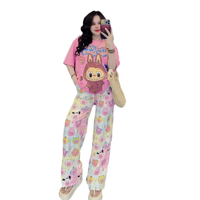 Labubu 2pcs Set Print T-Shirt And Pants Anime Cartoon Short Sleeved Shirt Casual Fashion Kawaii Cute Woman Outdoor Clothing Gift