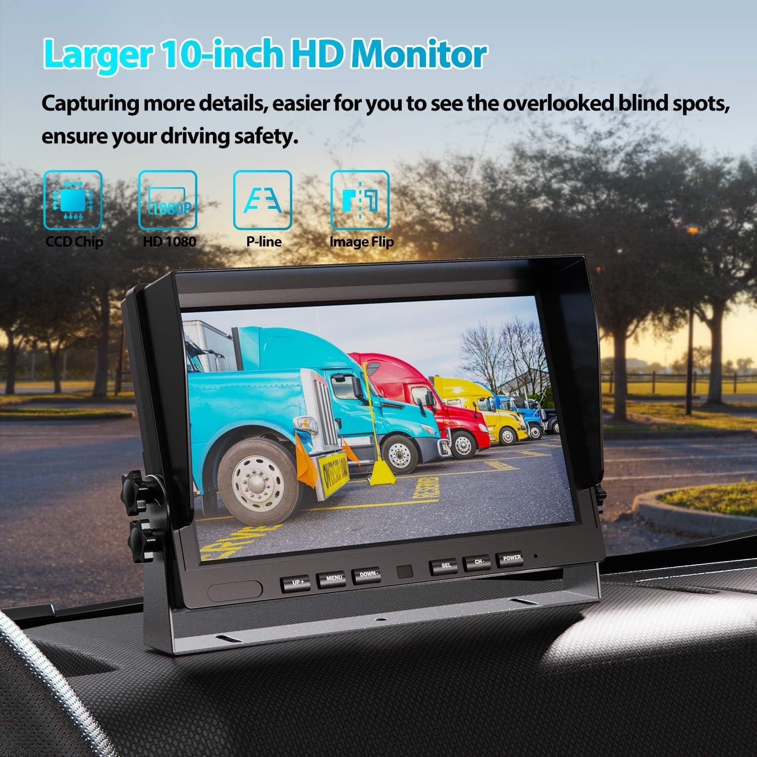 10" 1080P Wired Backup Camera System - HD Dual Split Screen Monitor with Recording, IP69 Waterproof Rear View Camera, Supports 2 Cameras for Trucks, Trailers, and RVs (Dy101)