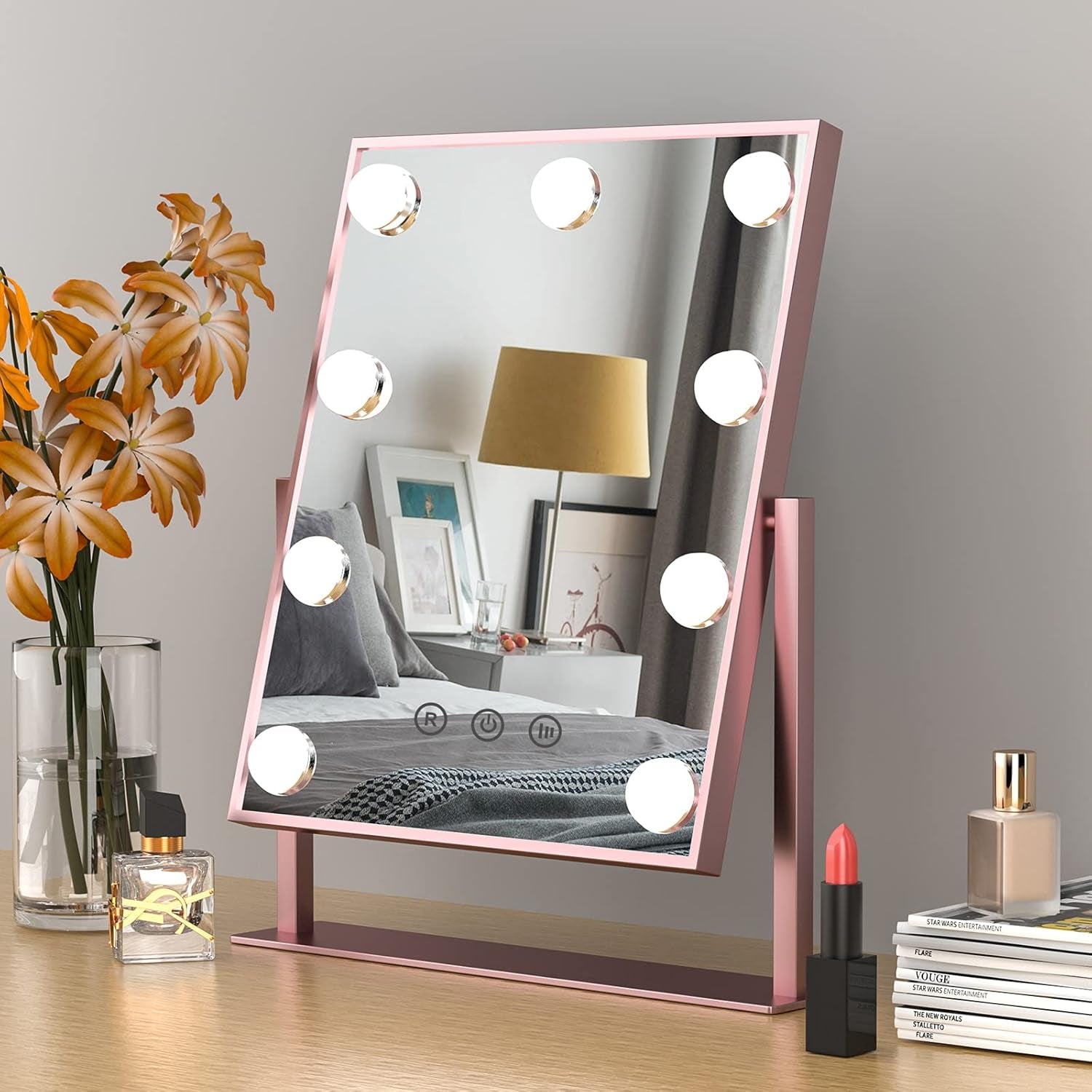 Hollywood Vanity Makeup Mirror with Lights, Lighted Mirror with 9 LED Bulbs, Dimmable 3 Color Lighting Modes, 360°Rotation Touch Control Cosmetic Beauty Mirror Desk Tabletop ( Rose Gold) 9.8" X 14"