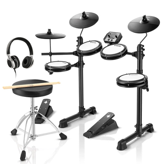 Beginner Electric Drum Set with 180+ Sounds - Quiet Mesh Kit for Kids & Students, Complete with Heavy Duty Pedals and On-Ear Headphones - DED-80