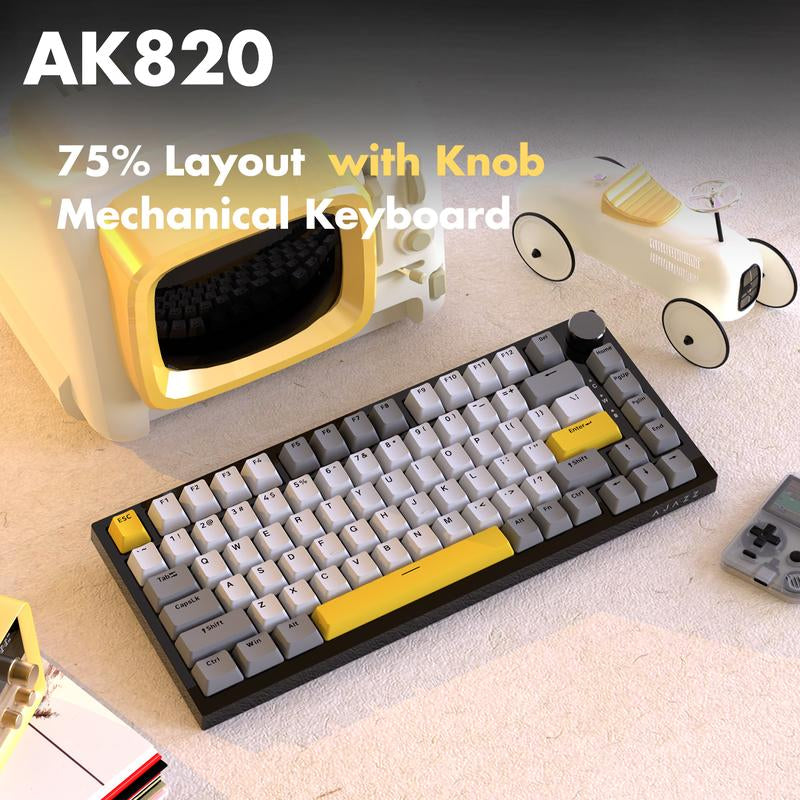 AJAZZ AK820 75% Wired RGB Gasket Mechanical Keyboard with Volume Knob, South Facing LED, Poron Foam, PBT Keycaps, Custom Programmable Hot-Swap Keyboard