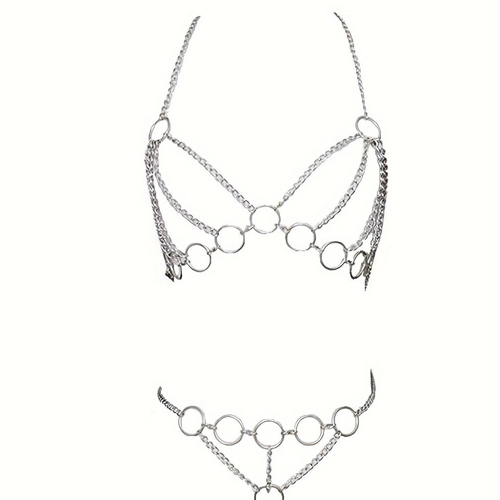 Hot Hollow Out Backless Ring Linked Chain Cosplay Costume, See Through Halter Top & Thong, Women's Sexy Lingerie & Underwear