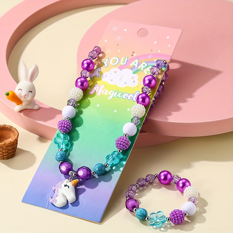 Pretty Unicorn Wig Necklace Bracelet Set Halloween Christmas New Year Birthday gift Cosplay Role Play Girl Styling Play set