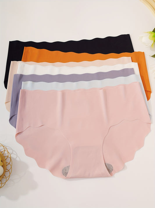 7pcs Seamless Scallop Trim Briefs, Comfy & Breathable Simple Solid Panties, Women's Lingerie & Underwear
