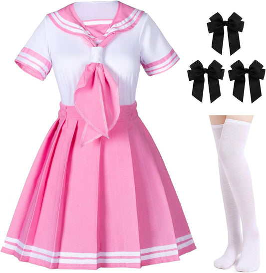 Classic Japanese Anime School Girls Pink Sailor Dress Shirts Uniform Cosplay Costumes with Socks Hairpin Set