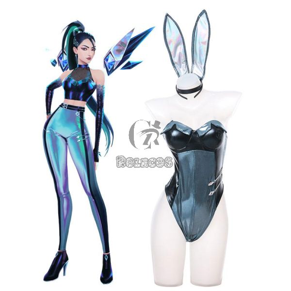 KDA Kaisa Bunny Cosplay Costume Fashion New Bodysuit Suit Game Rabbit Ears Hair Bands Cosplay Outfit Halloween Party (L/XL), Black, Baby Blue